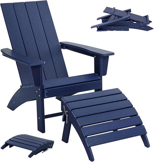 Folding Adirondack Chair with Ottoman Weather Resistant Foldable Fire Pit Chairs with Footrest HDPE Outdoor Adirondack Chair for Patio Front Porch Pool Garden Deck Fire Pit Outside, Navy Blue