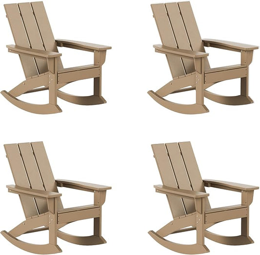 WestinTrends Ashore Patio Rocking Chairs Set of 4, All Weather Poly Lumber Plank Adirondack Rocker Chair, Modern Farmhouse Outdoor Rocking Chairs for Porch Garden Backyard and Indoor, Weathered Wood