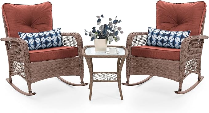 UDPATIO 3 Piece Patio Furniture Set, Wicker Rocking Bistro Set with 2 Rockers, 1 Side Table and 4‘’ Thick Cushions for Backyard, Porch, Balcony, Poolside, Brown/Dark Red