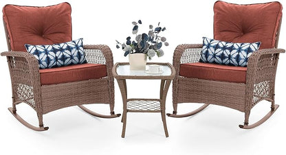 UDPATIO 3 Piece Patio Furniture Set, Wicker Rocking Bistro Set with 2 Rockers, 1 Side Table and 4‘’ Thick Cushions for Backyard, Porch, Balcony, Poolside, Brown/Dark Red