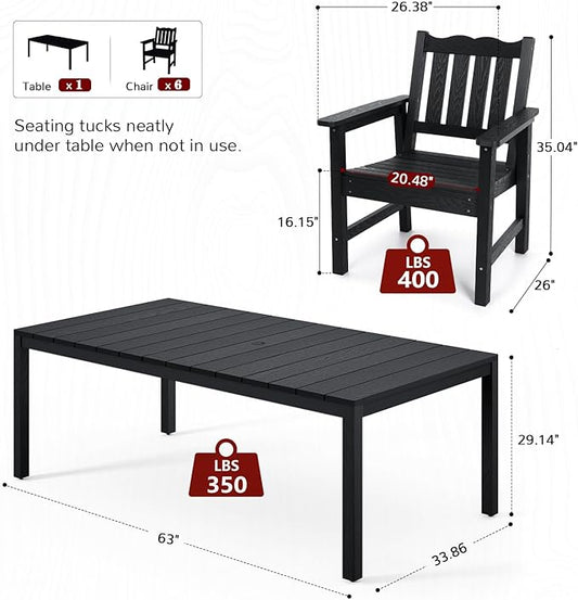 Stoog 6 Pieces Outdoor Patio Dining Set, All-Weather Dining Table and Chairs Set with Bench for 6 People, Outdoor Furniture Set with 2" Umbrella Hole for Garden, Backyard and Lawn, Black
