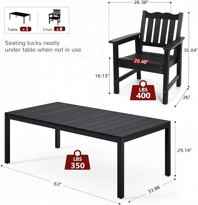 Stoog 7 Pieces Patio Dining Sets, All-Weather HIPS Material & Aluminum Frame Dining Table with 2" Umbrella Hole - Photo 5