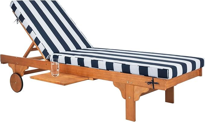 SAFAVIEH Outdoor Collection Newport Natural/ Navy & White Stripe Cushion Built-in Side Table Adjustable Chaise Lounge Chair