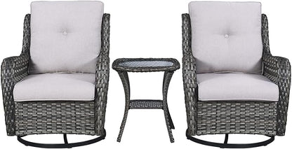 Rilyson Wicker Rocking Chair Swivel Chairs - 3 PC Rocker Patio Furniture Set Rattan Rocking Bistro Sets with Glass Top Side Table for Outdoor Porch Deck Garden Backyard (Mixed Grey/Beige)