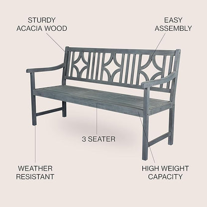 JONATHAN Y BNH100B Sloane 59.1" 3-Seat Ogee Diamond-Back 600-Lbs Support Acacia Wood Outdoor Garden Patio Bench for Garden, Lawn, Backyard, Pool, Deck, Beach, Firepit, Gray