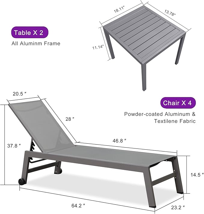PURPLE LEAF Patio Chaise Lounge Set for 4 Outdoor Chaise Lounge Chair with Aluminum Frame and Easy-to-Move Wheels Pool Lounge Chairs for Deck Yard Poolside Table Included, Light Grey