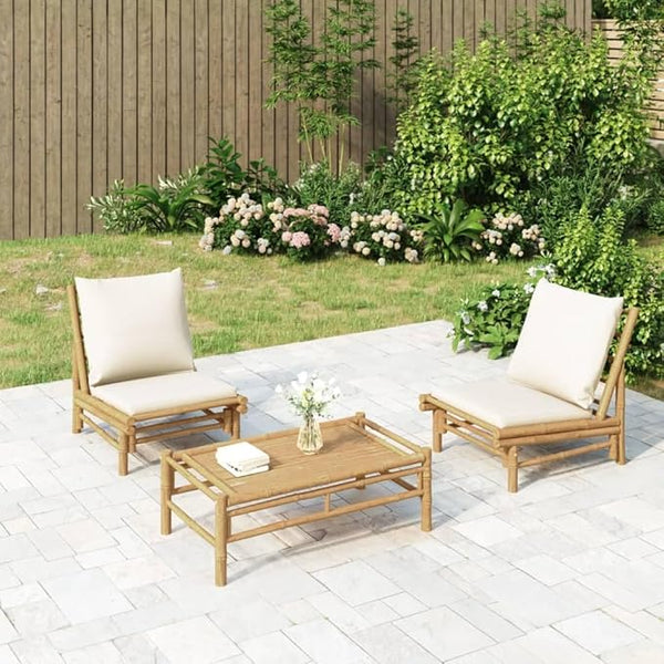 Bamboo Garden Chair Set with Cream Cushions, Lightweight and Weather-Resistant Outdoor Seating for Patio, Balcony - Photo 1