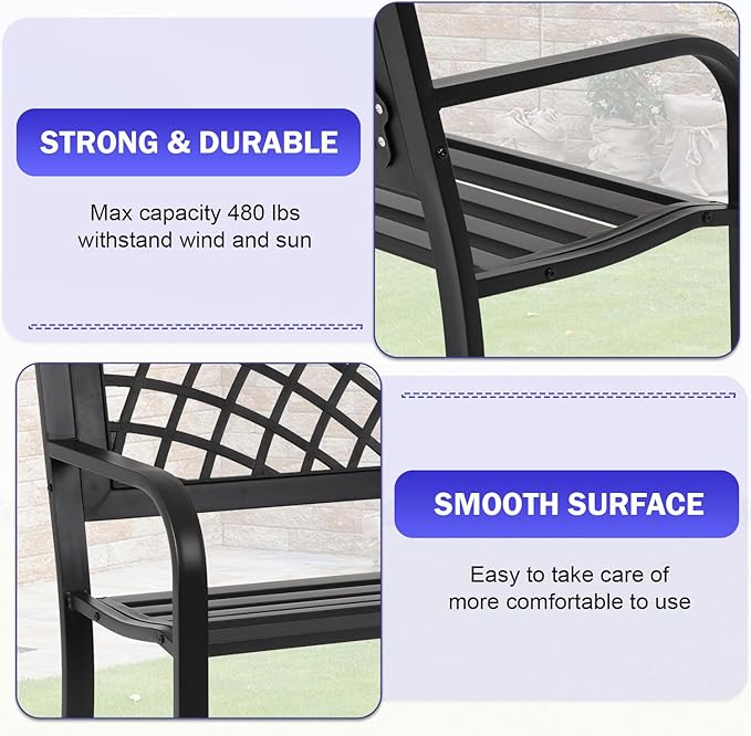Garden Bench Anti-Rust Metal Patio Park Benches Waterproof Outdoor Cast-Iron Bench with Mesh Pattern Plastic Backrest Armrests,Black