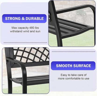 Garden Bench Anti-Rust Metal Patio Park Benches Waterproof Outdoor Cast-Iron Bench with Mesh Pattern Plastic Backrest Armrests,Black