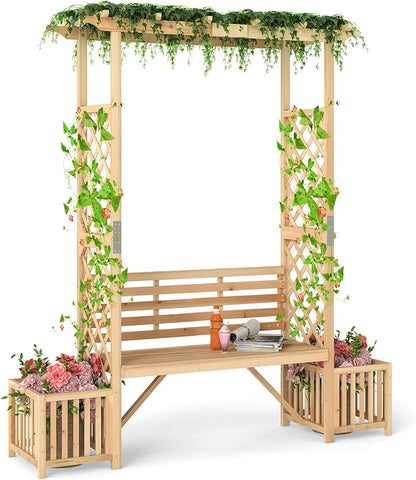 Giantex Outdoor Bench with Garden Arbor & 2 Planter Boxes, Wooden Trellis for Climbing Plants & Vines, Outside Pergola for 2-People Seating, Decoration for Porch, Patio, Yard