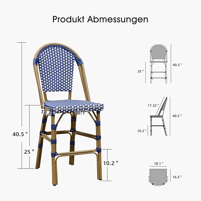 PURPLE LEAF French Counter Height Bar Stool Set of 2 25" Bamboo Print Finish Patio Bar Chairs with Back Rattan Bar - Photo 6
