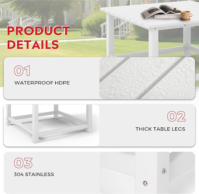 Costaelm Patio Conversation Table, Tatio Accent HDPE Outdoor Weather Resistant, Square Outdoor Porch Balcony Patio Drink Table for Outside, Pool, Backyard, White