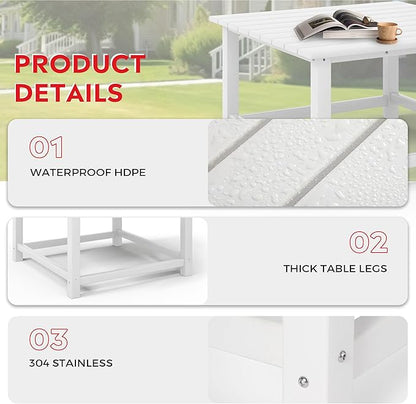 Costaelm Patio Conversation Table, Tatio Accent HDPE Outdoor Weather Resistant, Square Outdoor Porch Balcony Patio Drink Table for Outside, Pool, Backyard, White