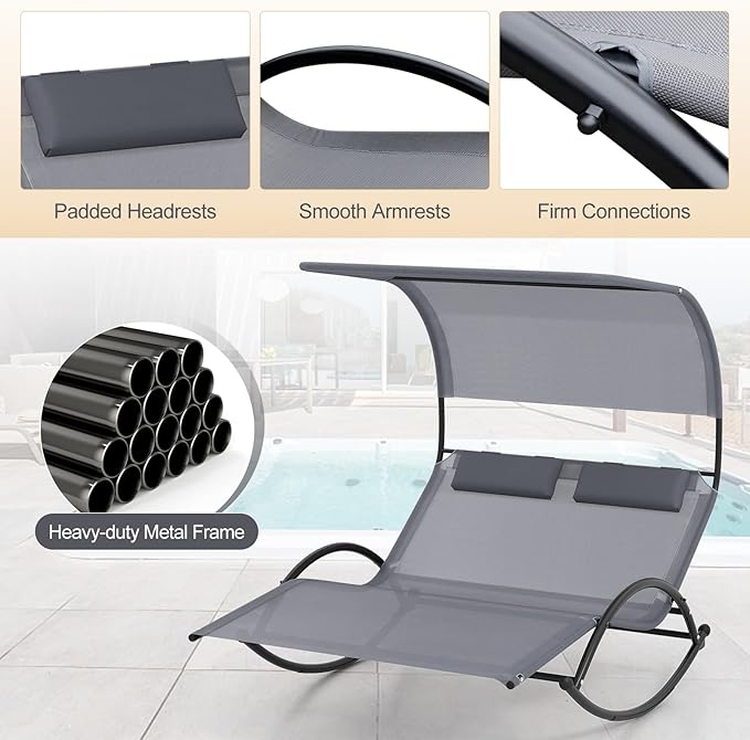 HAPPYGRILL Outdoor Chaise Lounge Rocker, 2-Person Rocking Daybed Sun Lounger with Sun Shade Canopy & Headrest Pillows, Hammock Bed Loveseat with Heavy-Duty Metal Frame for Patio, Backyard, Poolside