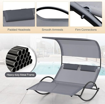 HAPPYGRILL Outdoor Chaise Lounge Rocker, 2-Person Rocking Daybed Sun Lounger with Sun Shade Canopy & Headrest Pillows, Hammock Bed Loveseat with Heavy-Duty Metal Frame for Patio, Backyard, Poolside