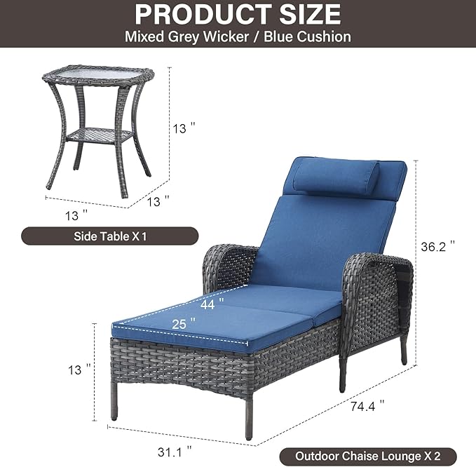 Belord 3 Piece Wicker Outdoor Chaise Lounge Patio Recliner - 75 Inch Adjustable Lounge with Soft Pillow Removable - Photo 2