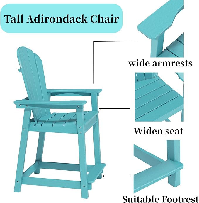 Outdoor Tall Adirondack Chair, Weather Resistant Poly Balcony Chair, HDPE Outdoor Chair for Garden, Backyard, Poolside, Capacity 400LBS (1 PC, Aqua Blue)