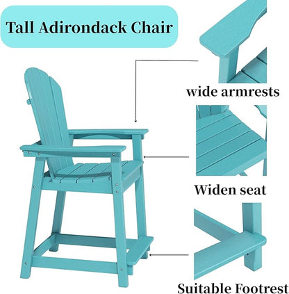 Outdoor Tall Adirondack Chair, Weather Resistant Poly Balcony Chair, HDPE Outdoor Chair for Garden, Backyard, Poolside, Capacity 400LBS (1 PC, Aqua Blue)