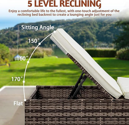 VINGLI Outdoor Chaise Lounge, Wicker Recliner w/Adjustable Backrest, Thick Water Repellent Cushions, Patio Rattan Lounge Chairs for Lawn, Beach, Balcony, Poolside (Grey)