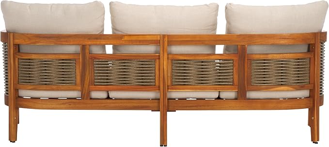 SAFAVIEH Outdoor Collection Amanda Natural Acacia Solid Wood/Taupe Cushion 3-Seater Sofa - Photo 5