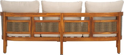 SAFAVIEH Outdoor Collection Amanda Natural Acacia Solid Wood/Taupe Cushion 3-Seater Sofa