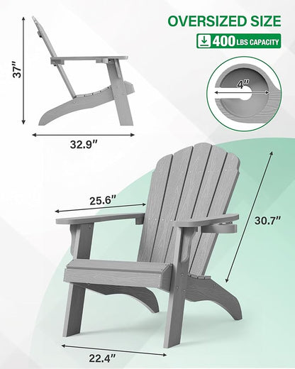 YEFU Oversized Plastic Adirondack Chair with Cup-Holder (Large Dual-Purpose), Weather Resistant, Poly Lumber Outdoor Chairs Duty Rating Widely Used in Patio, Lawn, Outside, Deck, Garden Chairs-Grey