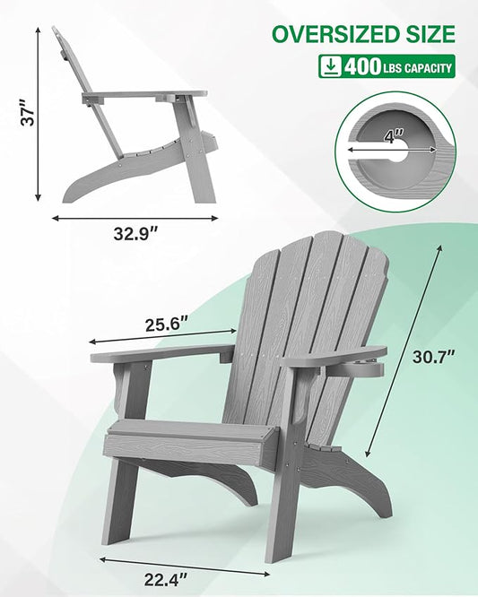 Oversized Plastic Adirondack Chair Set of 2 with Cup-Holder (Large Dual-Purpose), Weather Resistant, Poly Lumber Outdoor Chairs Duty Rating Widely Used in Patio, Lawn, Outside, Deck, Garden Chair-Grey