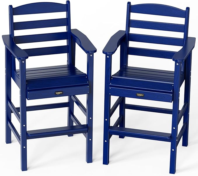 VINGLI Outdoor Bar Stools Set of 2, HDPE All-Weather Patio Bar Height Chairs Heavy-Duty Tall Adirondack Chairs for Backyard, Porch, Balcony and Poolside (Navy Blue)