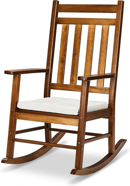Outvita Outdoor Rocking Chair, Solid Wood High Back Rocker, All Weather Lounge Chair with Padded Cushions for Porch Patio Fire Pit Garden Backyard Deck Indoor, Natural