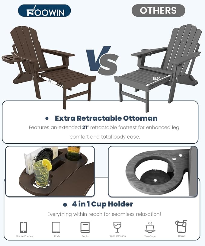 FOOWIN Folding Adjustable Adirondack Chair with Retractable Ottoman Set of 2, HDPE Adirondack Chair w/4 in 1 Cup Holder Trays,All-Weather Resistant Fire Pit Chair for Outdoor Patio Lawn, Coffee