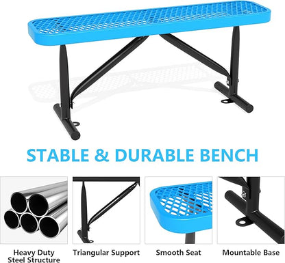 4ft Outdoor Metal Park Bench, 48" Backless Heavy-Duty Commercial Blue Garden Bench with Expanded Steel Mesh Seat, Weatherproof Park Patio Dining Table Bench for Backyard Lawn School Porch Deck