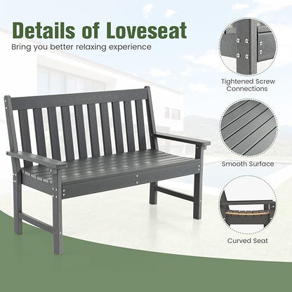 Tangkula HDPE Outdoor Garden Bench with Backrest, 2-Person All-Weather Patio Loveseat Chair with Slatted Seat, 705 lbs Weight Capacity, Patio Benches for Balcony, Garden, Porch, Backyard & Park, Grey