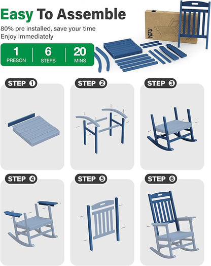 YEFU Outdoor Rocking Chair Porch: Plastic Rocking Chairs for Outside, Weather Resistant for Patio, Waterproof, Rock smoothly, Navy Blue