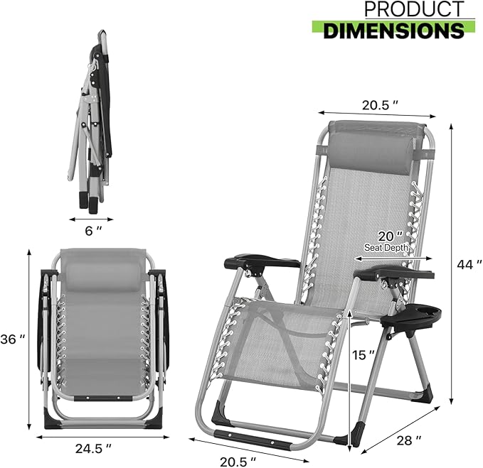 Magshion Zero Gravity Chair with Cushion, Reclining Outdoor Patio Lounge Chair, Folding Indoor Anti Gravity Recliner, Portable Lounger with Removable Cup Holder Side Tray and Pillow Headrest (Grey)