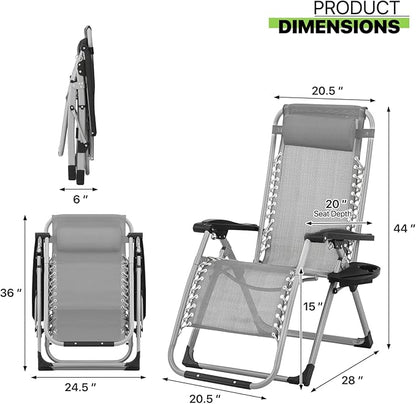 Magshion Zero Gravity Chair with Cushion, Reclining Outdoor Patio Lounge Chair, Folding Indoor Anti Gravity Recliner, Portable Lounger with Removable Cup Holder Side Tray and Pillow Headrest (Grey)