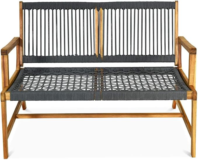 LDAILY Moccha Wood Rope Patio Bench, Modern Outdoor Acacia Park Garden Patio Furniture, 2-Person Solid Wood Patio Loveseat, Knitting Bench with Armrest & Backrest