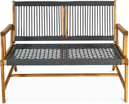 LDAILY Moccha Wood Rope Patio Bench, Modern Outdoor Acacia Park Garden Patio Furniture, 2-Person Solid Wood Patio Loveseat, Knitting Bench with Armrest & Backrest