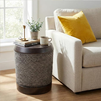 Outdoor Side Table Concrete End Table Faux Stone Side Tables with Braided Cord Small Round Coffee Tables for Indoor Outdoor, Garden Stool Plant Stand for Porch, Patio,Dark Brown