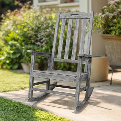 Wooden Rocking Chair Outdoor, Ergonomic High Back Patio Rocking Chairs, Porch Rocker for Backyard/Lawn/Patio/Garden/Balcony/FirePit/Indoor (Light Gray-1)