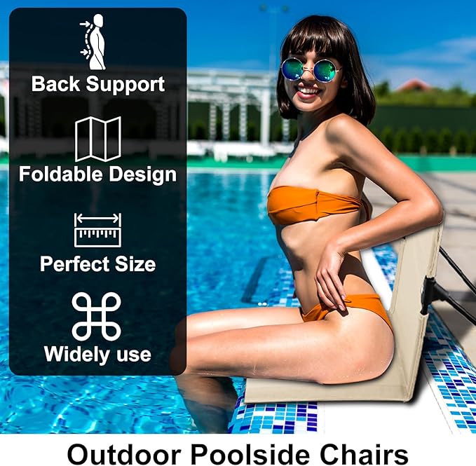 2 Pack Foldable Seat for Poolside Chairs, Portable Outdoor Poolside Chairs for Edge of Pool, Beach Chair, SwimmingPool Accessories,Pool Seats for Edge,Beach Camping Picnic Lawn Accessories-Light Beige
