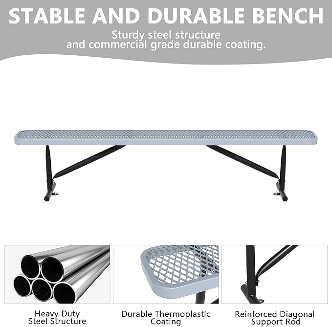 8FT Metal Park Bench for Outside, All-Weather Thermoplastic Coating Outdoor Bench with Anchor, Commercial Heavy Duty Benches for Shopping Malls, Stores, Parks, Patios, Decks, Grey