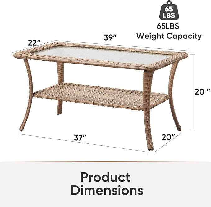 Outdoor Coffee Table - Patio Rattan Wicker Coffee Table with Tempered Glass Top and 2-Tier Storage Outdoor Table for Deck Porch Balcony Garden - Yellow