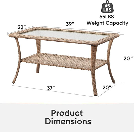 Outdoor Coffee Table - Patio Rattan Wicker Coffee Table with Tempered Glass Top and 2-Tier Storage Outdoor Table for Deck Porch Balcony Garden - Yellow