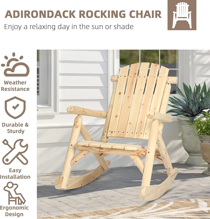 Outdoor Wooden Rocking Chair, Patio Rustic Adirondack Porch Rocker, All Weather Solid Wood Log Rocker Chair with High Back & Slatted Seat for Indoor, Deck, Backyard, Garden, Natural