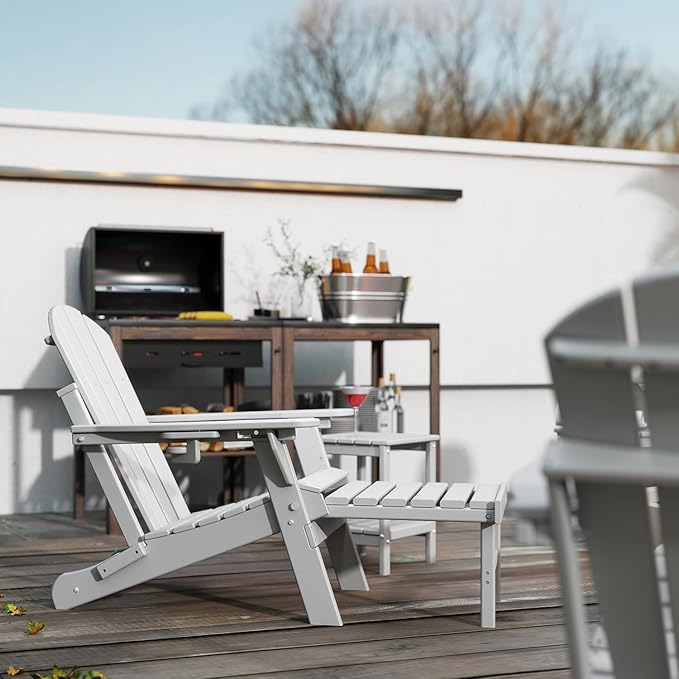 GREENVINES Adjustable Adirondack Chair with Retractable Ottoman Set of 4 | Folding | HDPE Plastic | Fire Pit Chairs w/Foot Rest | 2 Cup Holders | White | for Outdoor Patio Poolside Deck