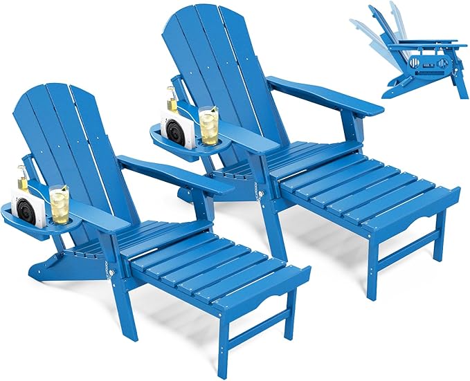 Adjustable Adirondack Chair with Retractable Ottoman Set of 2, HDPE Folding Adirondack Chair with Cup Holder, All Weather Fire Pit Chair for Outdoor,Pacific Blue