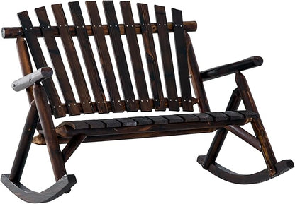 Outsunny Outdoor Wooden Rocking Chair, Double-Person Rustic Adirondack Rocker with Slatted Seat, High Backrest, Armrests for Patio, Garden and Porch, Carbonized