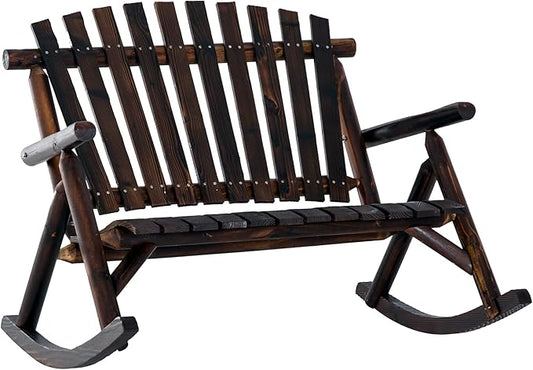 Outsunny Outdoor Wooden Rocking Chair, Double-Person Rustic Adirondack Rocker with Slatted Seat, High Backrest, Armrests for Patio, Garden and Porch, Carbonized
