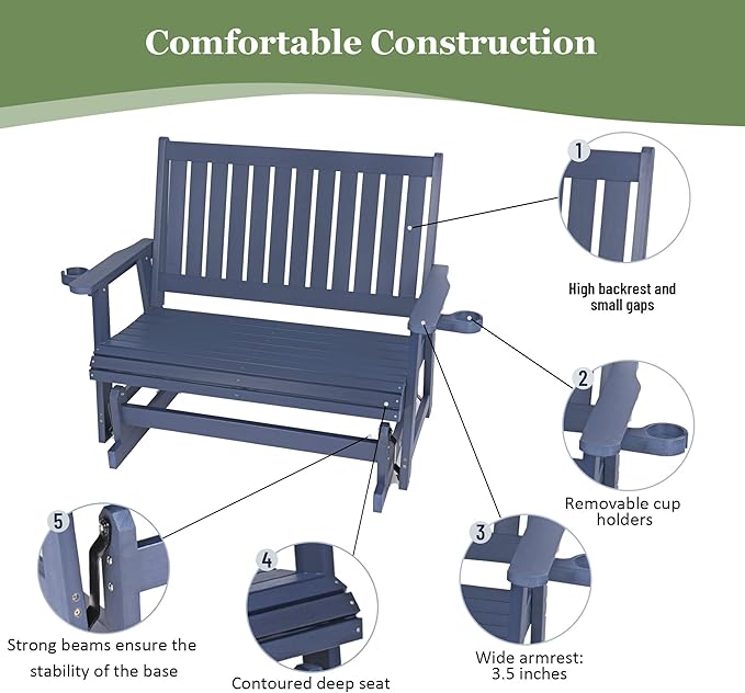 HIPS Patio Glider with Cup Holders, Durable Poly Lumber Material, All-Weather Resistant - Photo 6