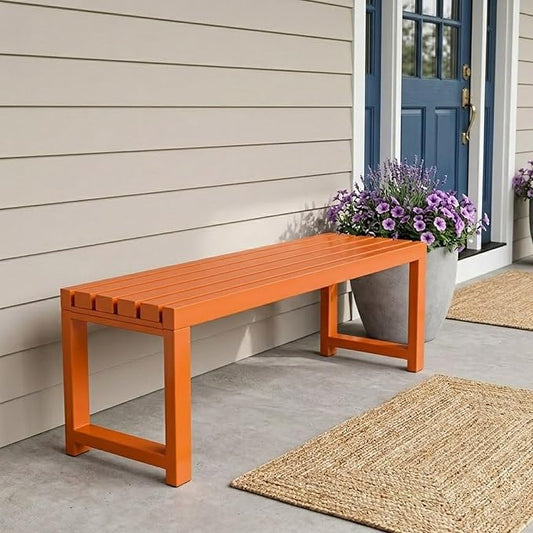 Backless Patio Bench Outdoor Metal Bench, 3.3ft 3.9ft 4.9ft 5.9ft Weatherproof Garden Benches 2-Person Outside Chair for Yard Porch Entryway Sturdy Steel Frame Furniture(Orange,3.93ft)